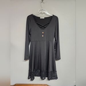 Black Long Sleeve Pajama Dress Women's Small V-neck Nightgown